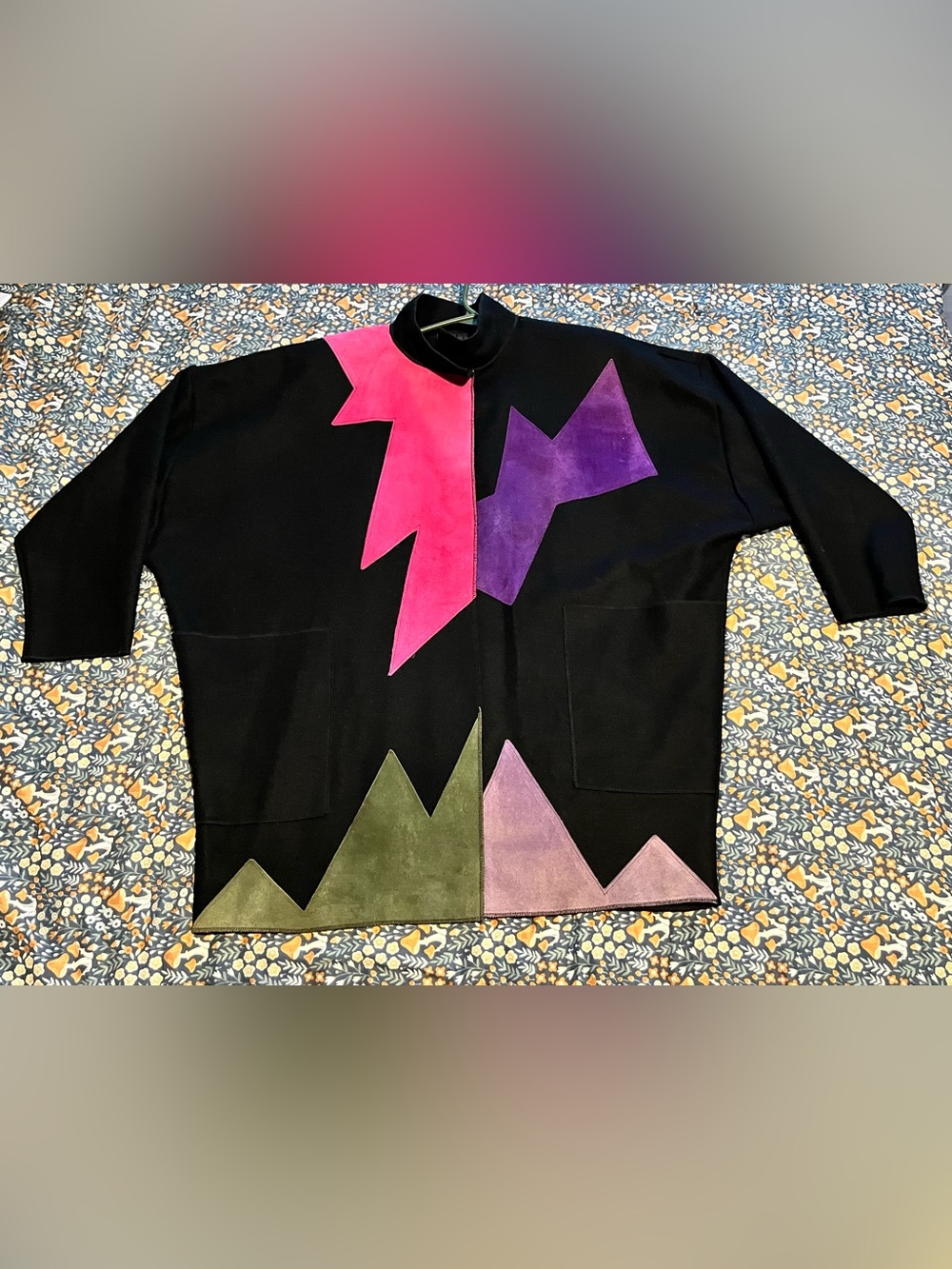80s Artsy OSGOOD SMÚK Wool Abstract Colorful Black Jacket with Pink & Purple